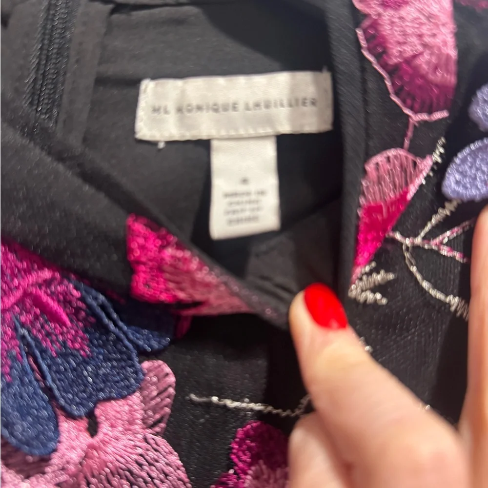 Monique Lhuillier Pink and Black Floral Long Sleeve Dress - Picture 7 of 7
